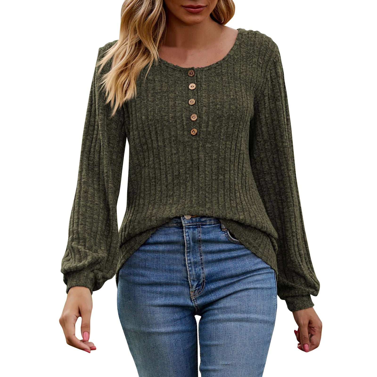 Women's Fall Button Scoop Neck Puff Long Sleeve Henley Shirts-retrostrom