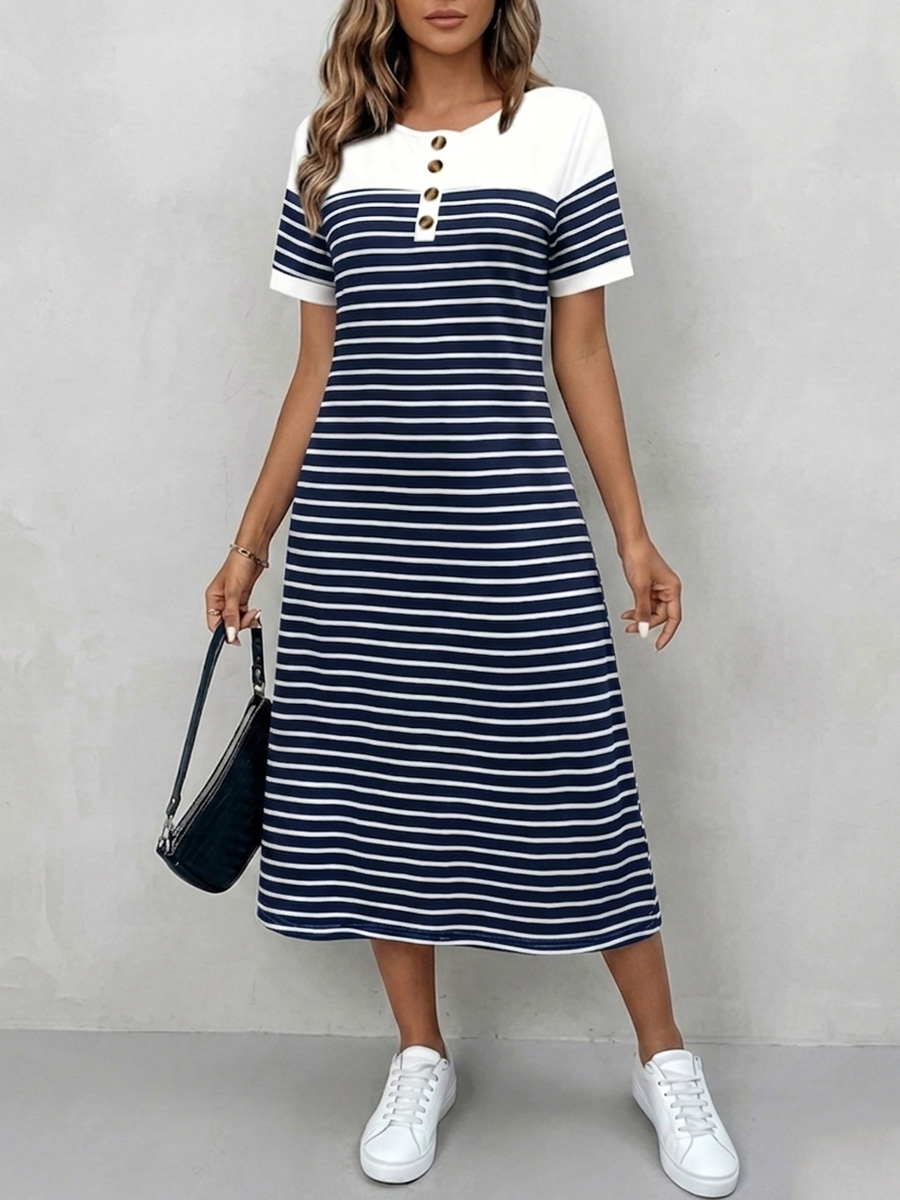 Cozy Round Neck Striped Cotton Shirt Dress-retrostrom