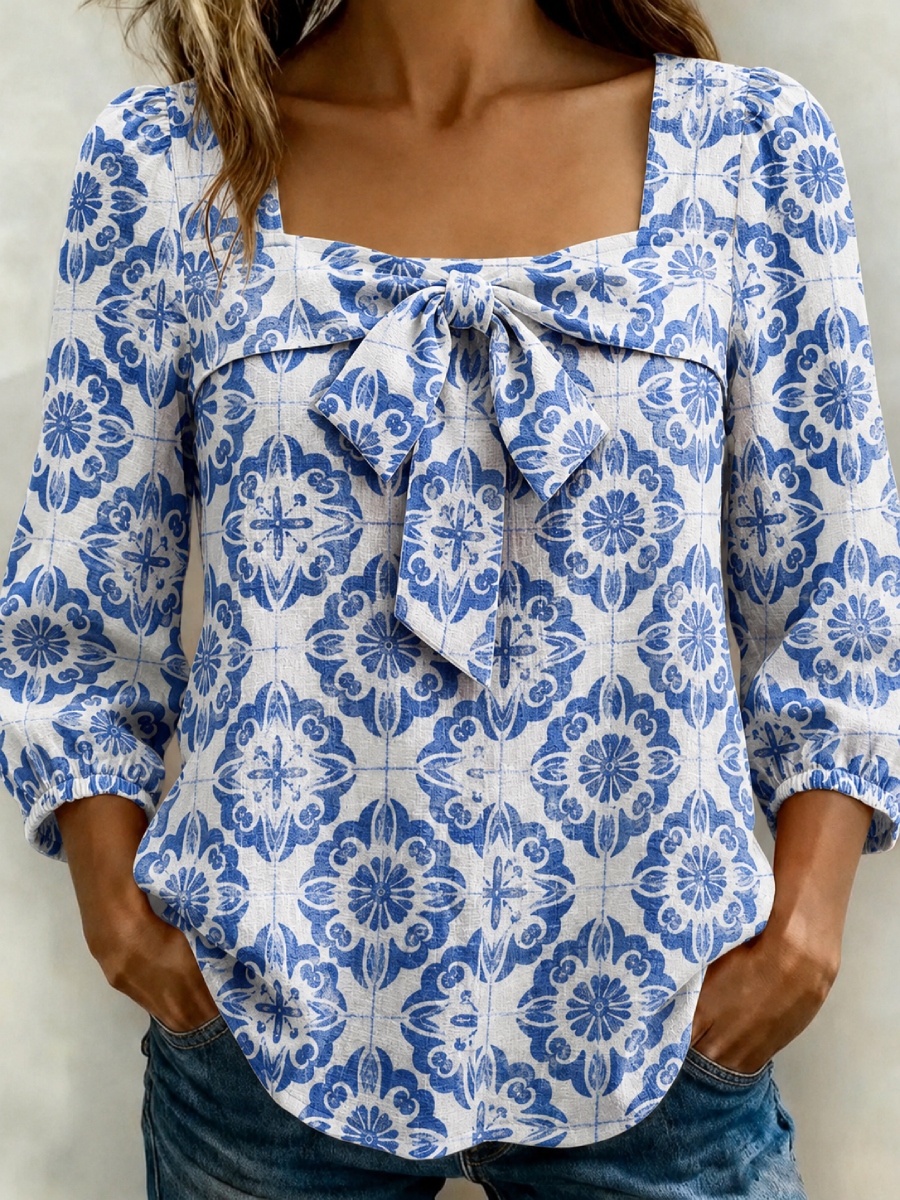 New Arrivals🔥 Women's Casual Santorini Inspired Print Bow Blouse-retrostrom