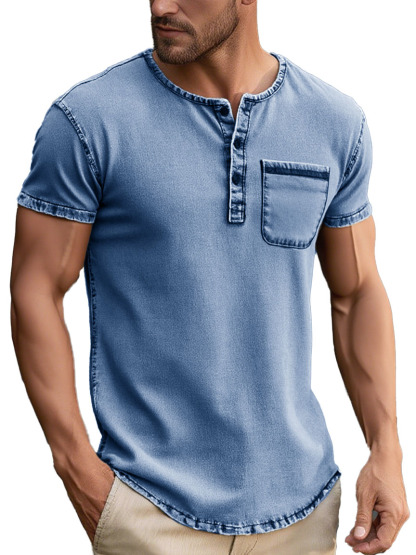 Men's Fashion Daily Distressed Fabric Pocket Short-sleeved Henley Shirt-retrostrom