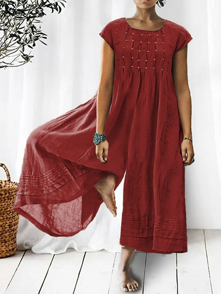 💝💝Women's Solid Color Art Casual Short Sleeve Cotton Linen Jumpsuit