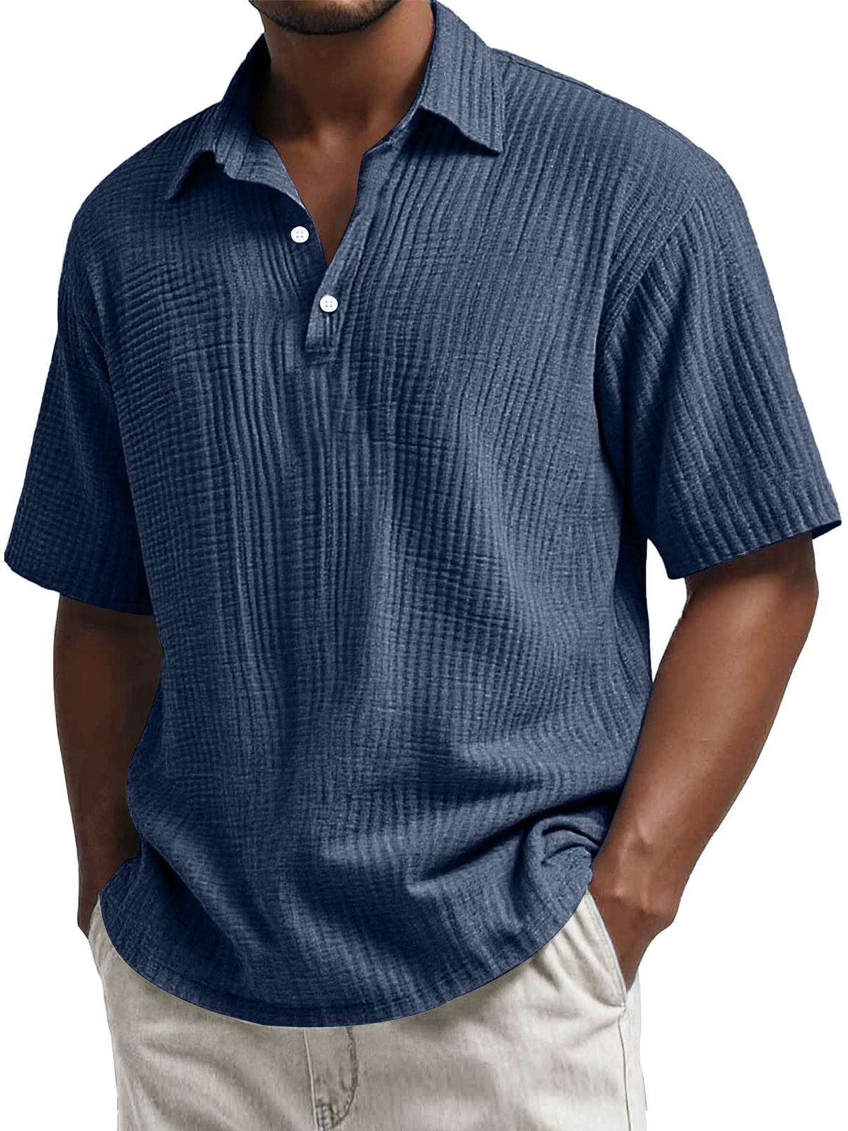 Men's Daily Pleated Texture Lapel Button Casual Short Sleeve POLO Shirt-retrostrom