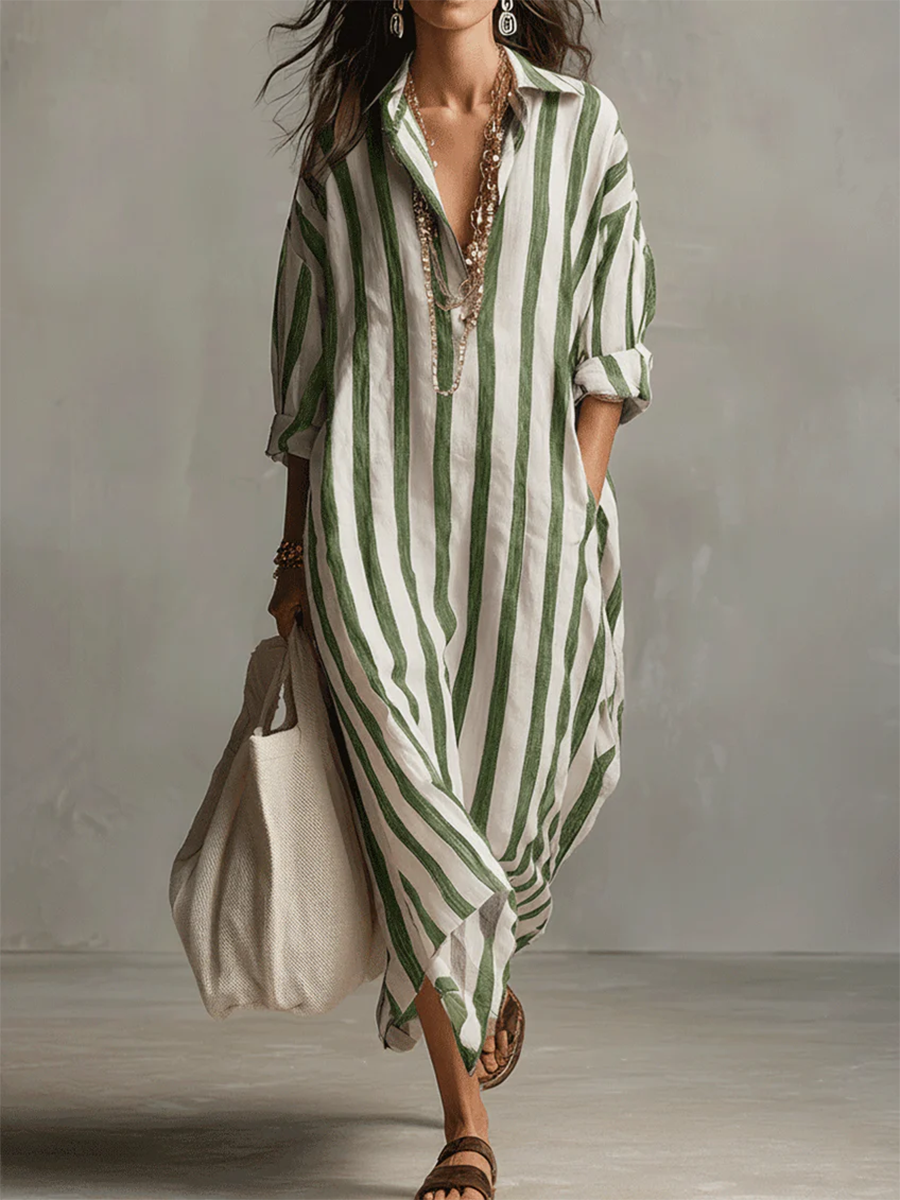 Casual And Cozy Striped Linen-cotton Dress-retrostrom