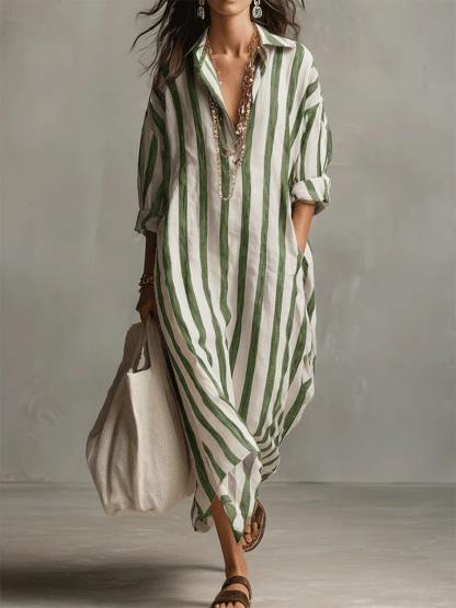 Casual And Cozy Striped Linen-cotton Dress-retrostrom
