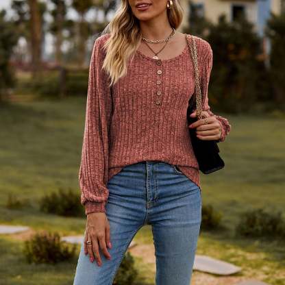 Women's Fall Button Scoop Neck Puff Long Sleeve Henley Shirts-retrostrom