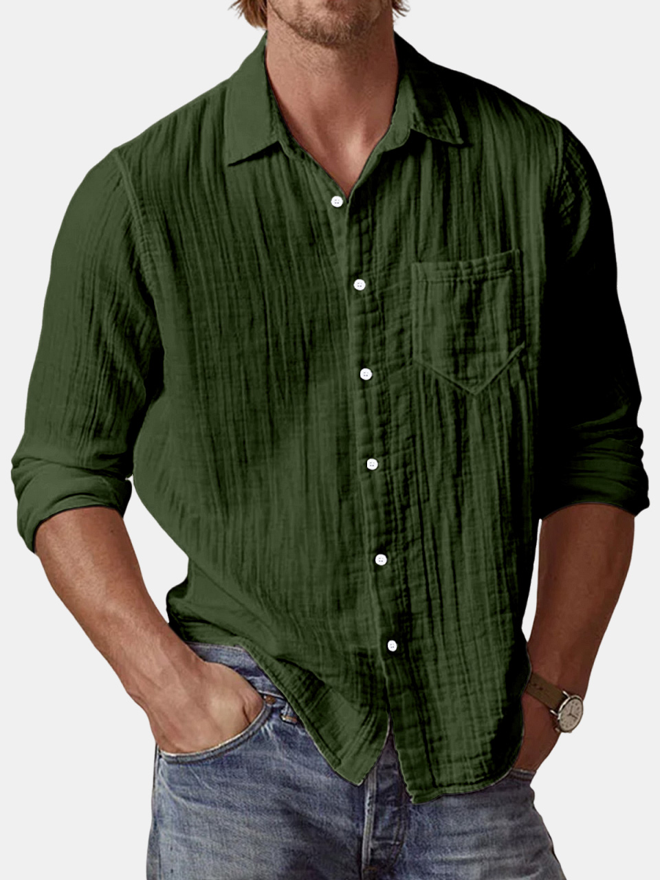 Men's Casual Textured Solid Color Comfortable Puff Wrinkle Long Sleeve Shirt-retrostrom