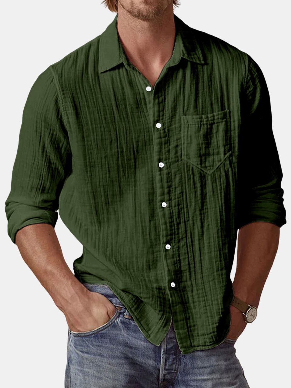 Men's Casual Textured Solid Color Comfortable Puff Wrinkle Long Sleeve Shirt-retrostrom
