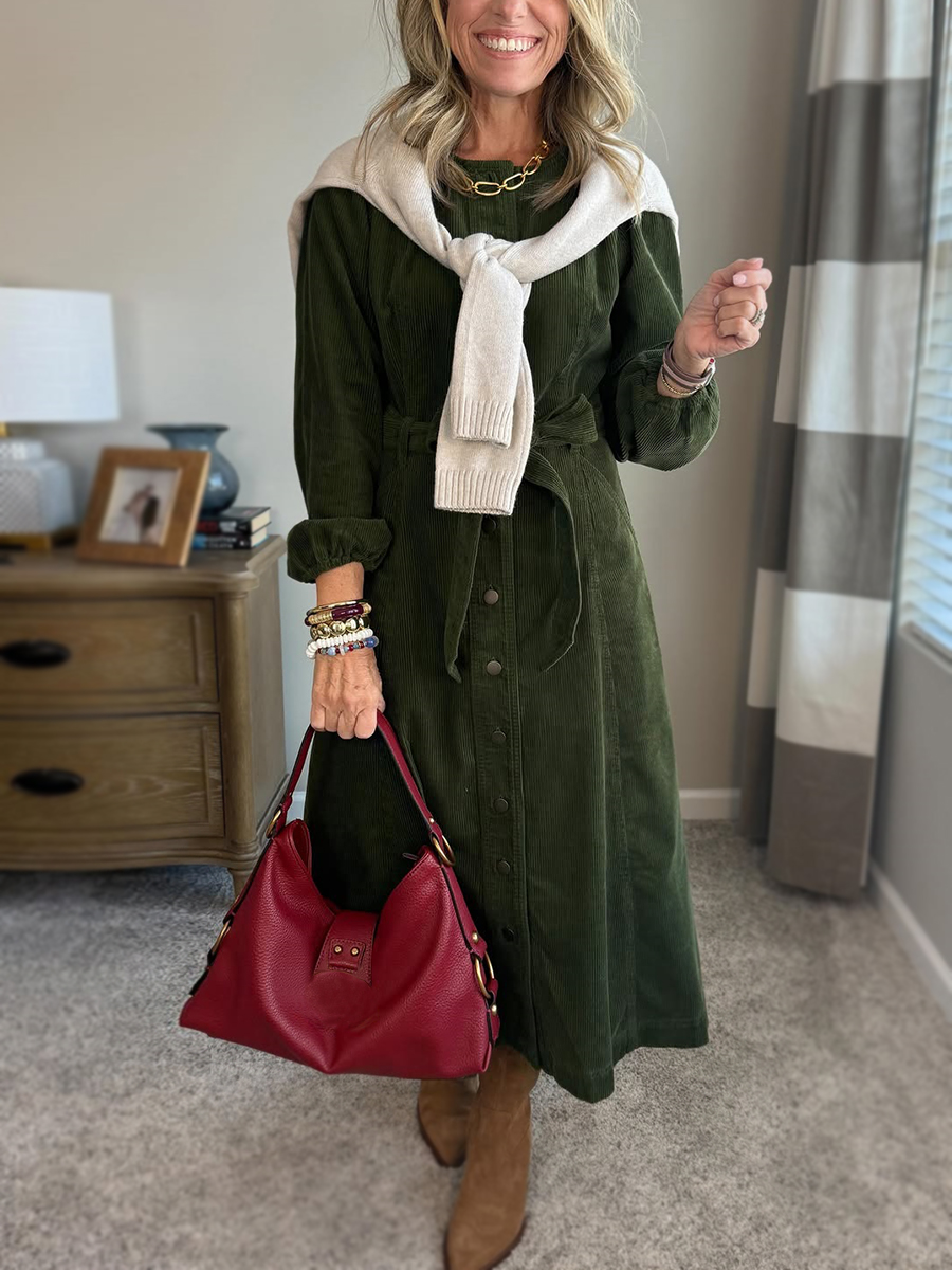 New Arrival🔥 Corduroy Shirt Dress with Tie Belt-retrostrom