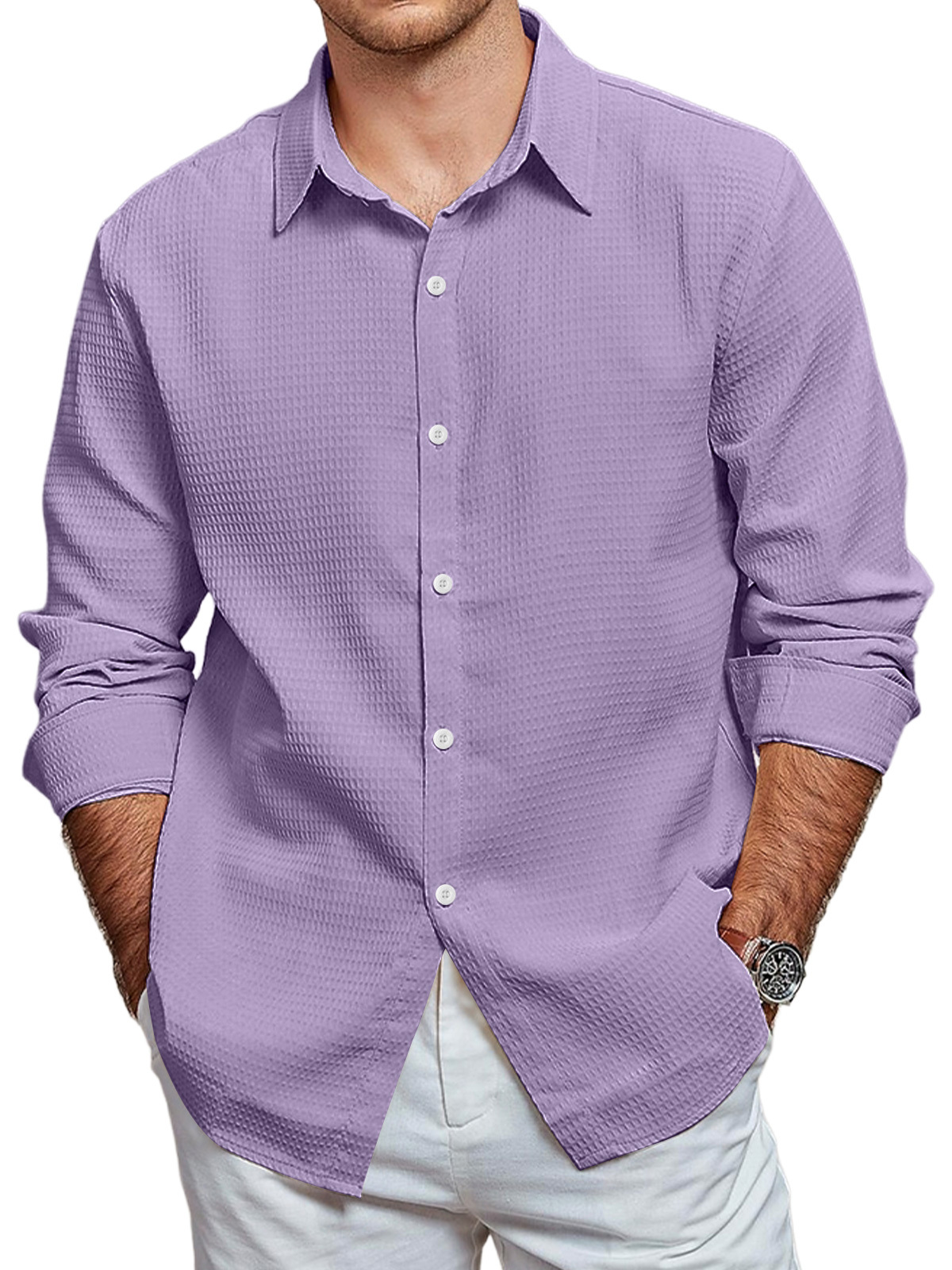 Men's Casual Waffle Solid Color Long Sleeve Shirt-retrostrom