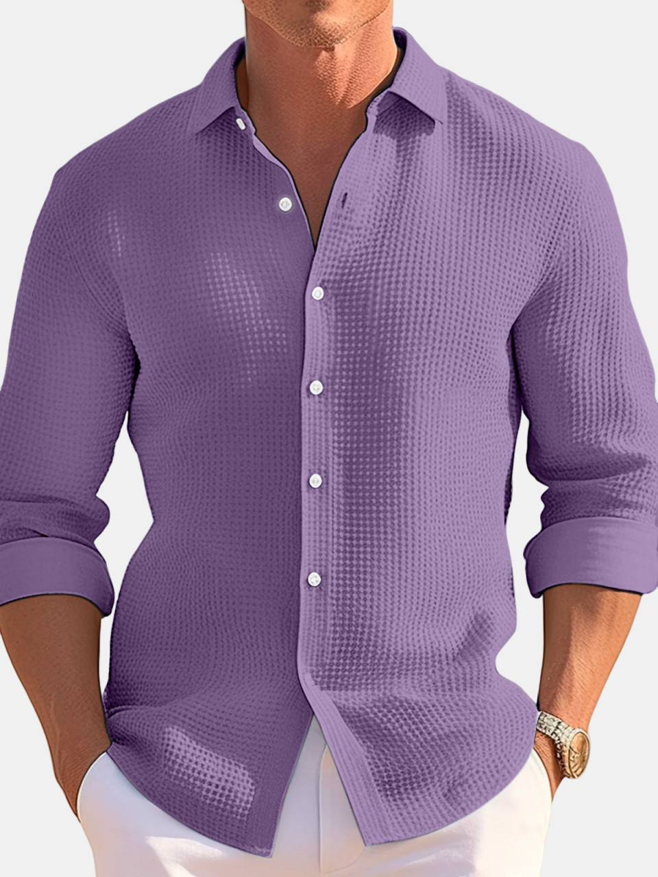 Men's Casual Loose Solid Color Waffle Long Sleeve Shirt-retrostrom