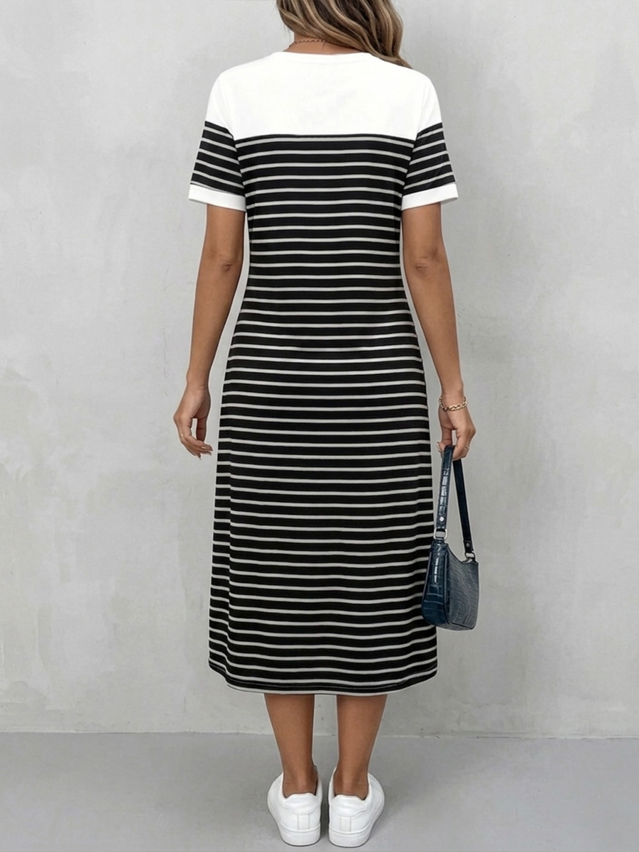 Cozy Round Neck Striped Cotton Shirt Dress-retrostrom