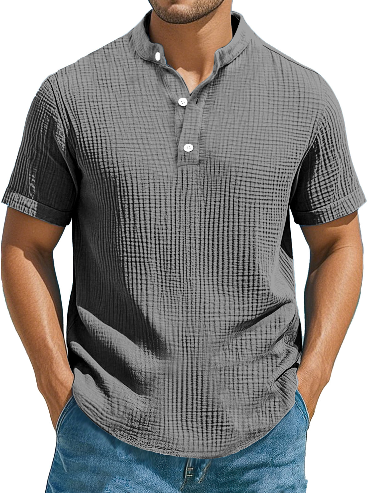 Men's Casual Solid Color Pleated Texture Short-sleeved Stand Collar Henley Shirt-retrostrom