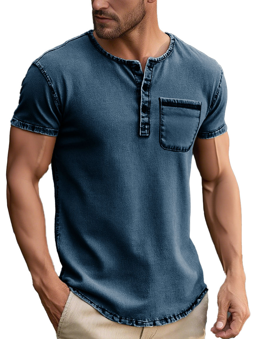 Men's Fashion Daily Distressed Fabric Pocket Short-sleeved Henley Shirt-retrostrom