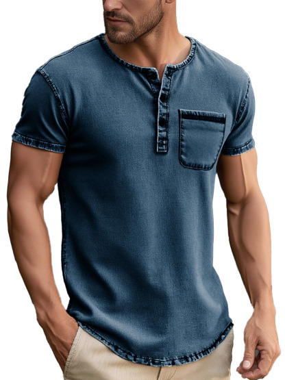 Men's Fashion Daily Distressed Fabric Pocket Short-sleeved Henley Shirt-retrostrom