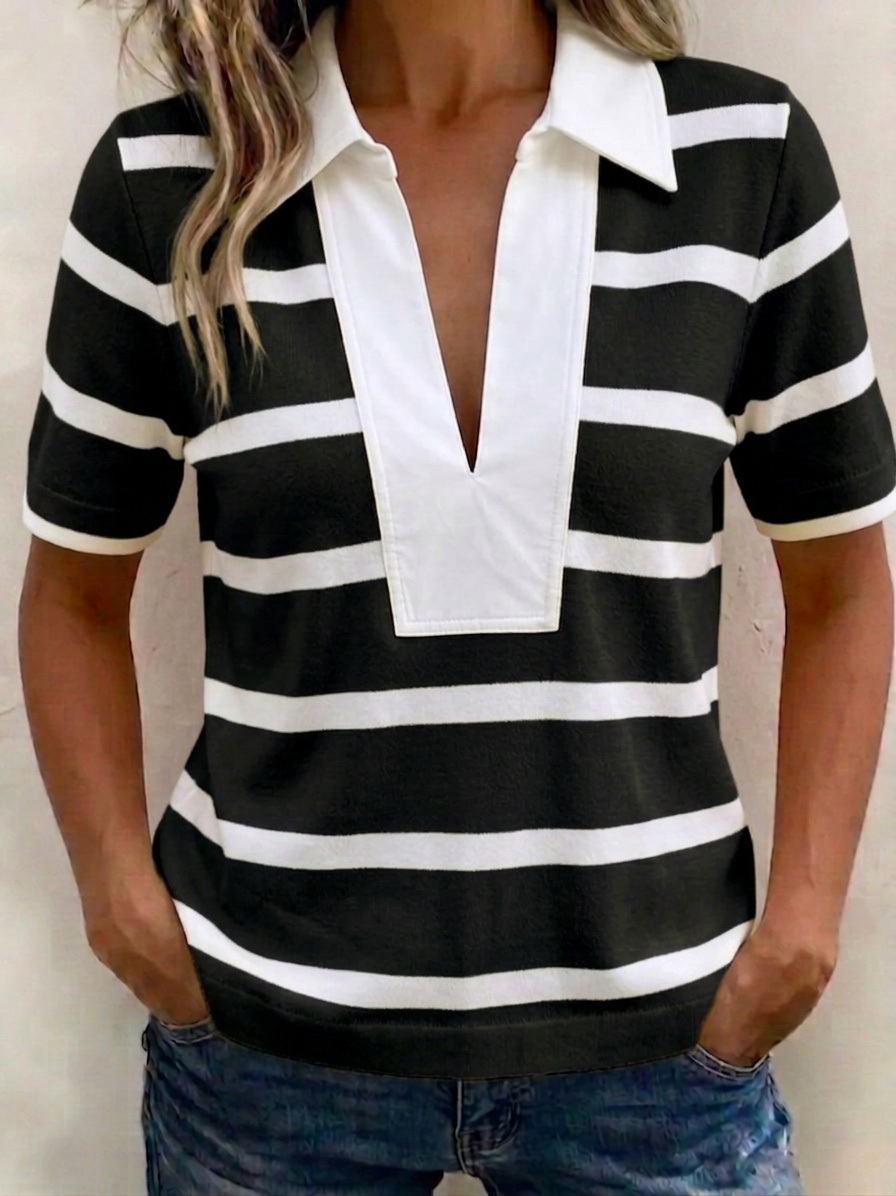 Stylish V-Neck Color-Block Polo Shirt-retrostrom