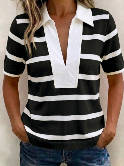 Stylish V-Neck Color-Block Polo Shirt-retrostrom