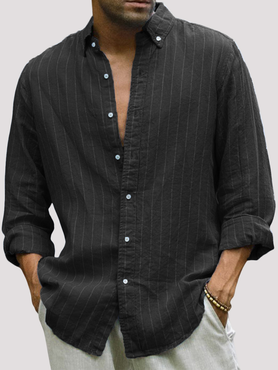 Men's Casual Cotton Striped Basic Solid Color Lapel Long Sleeve Shirt-retrostrom
