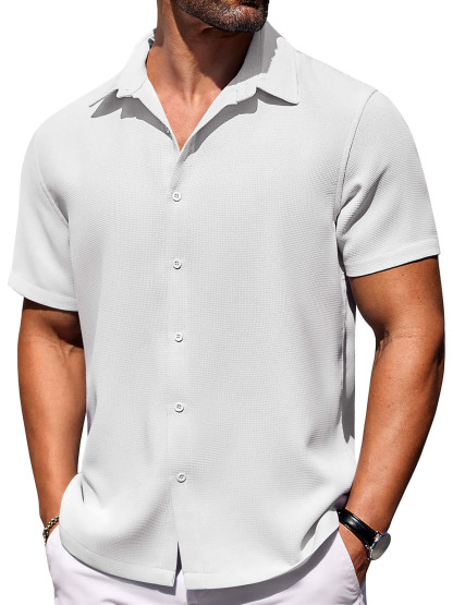 Men's Hawaiian Waffle Fabric Lapel Short Sleeve Shirt-retrostrom