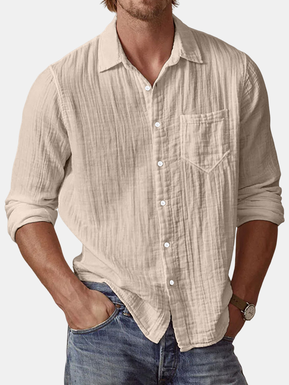 Men's Casual Textured Solid Color Comfortable Puff Wrinkle Long Sleeve Shirt-retrostrom