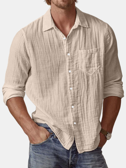 Men's Casual Textured Solid Color Comfortable Puff Wrinkle Long Sleeve Shirt-retrostrom