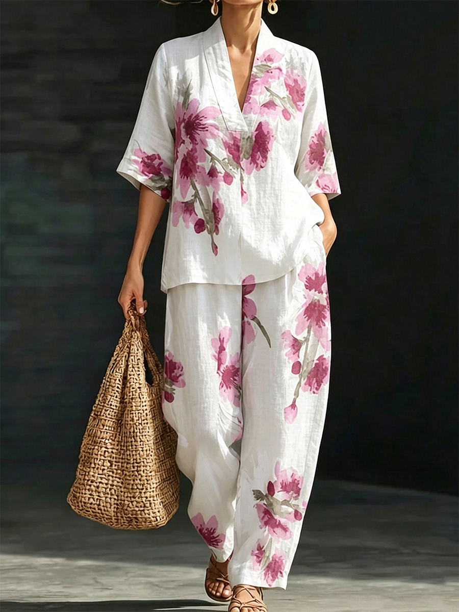 New Arrivals🔥 Relaxed Bohemian Floral Linen Two-piece Set-retrostrom