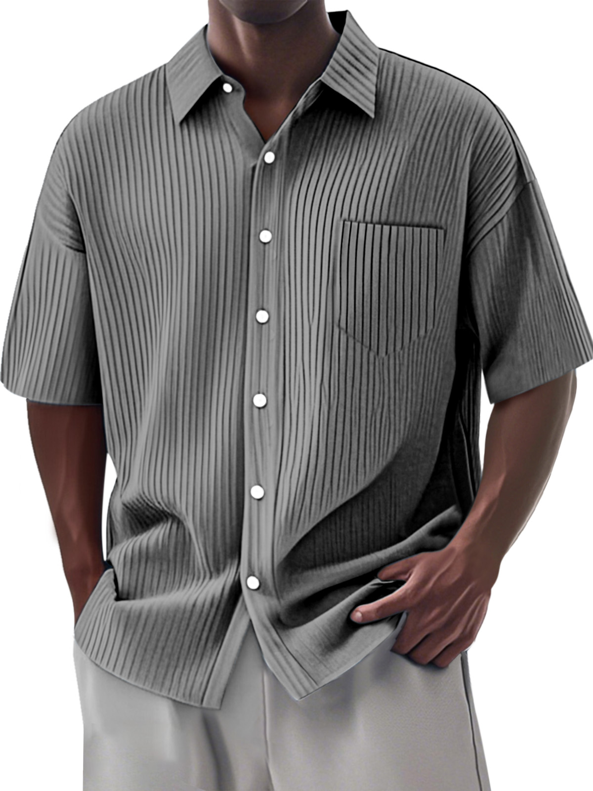 Men's Simple Daily Solid Color Vertical Pit Lapel Short-sleeved Shirt-retrostrom
