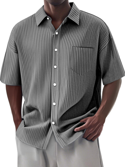 Men's Simple Daily Solid Color Vertical Pit Lapel Short-sleeved Shirt-retrostrom