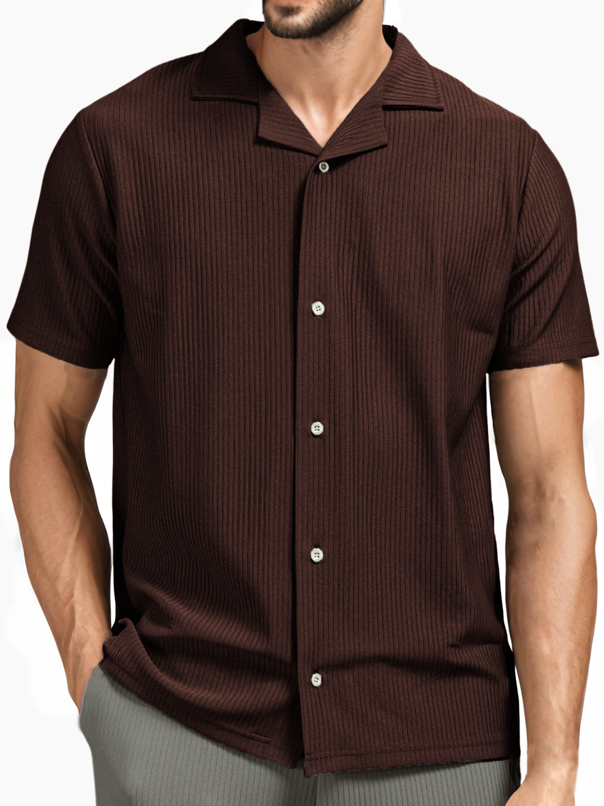 Men's Pit Stripe Pleated Cuban Collar Holiday Casual Button Short Sleeve Shirt-retrostrom