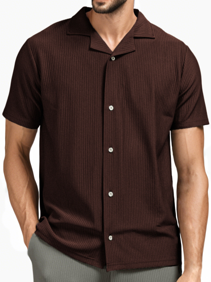 Men's Pit Stripe Pleated Cuban Collar Holiday Casual Button Short Sleeve Shirt-retrostrom
