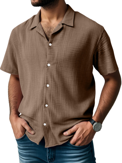 Men's Everyday Solid Color Pleated Texture Short-sleeved Shirt-retrostrom