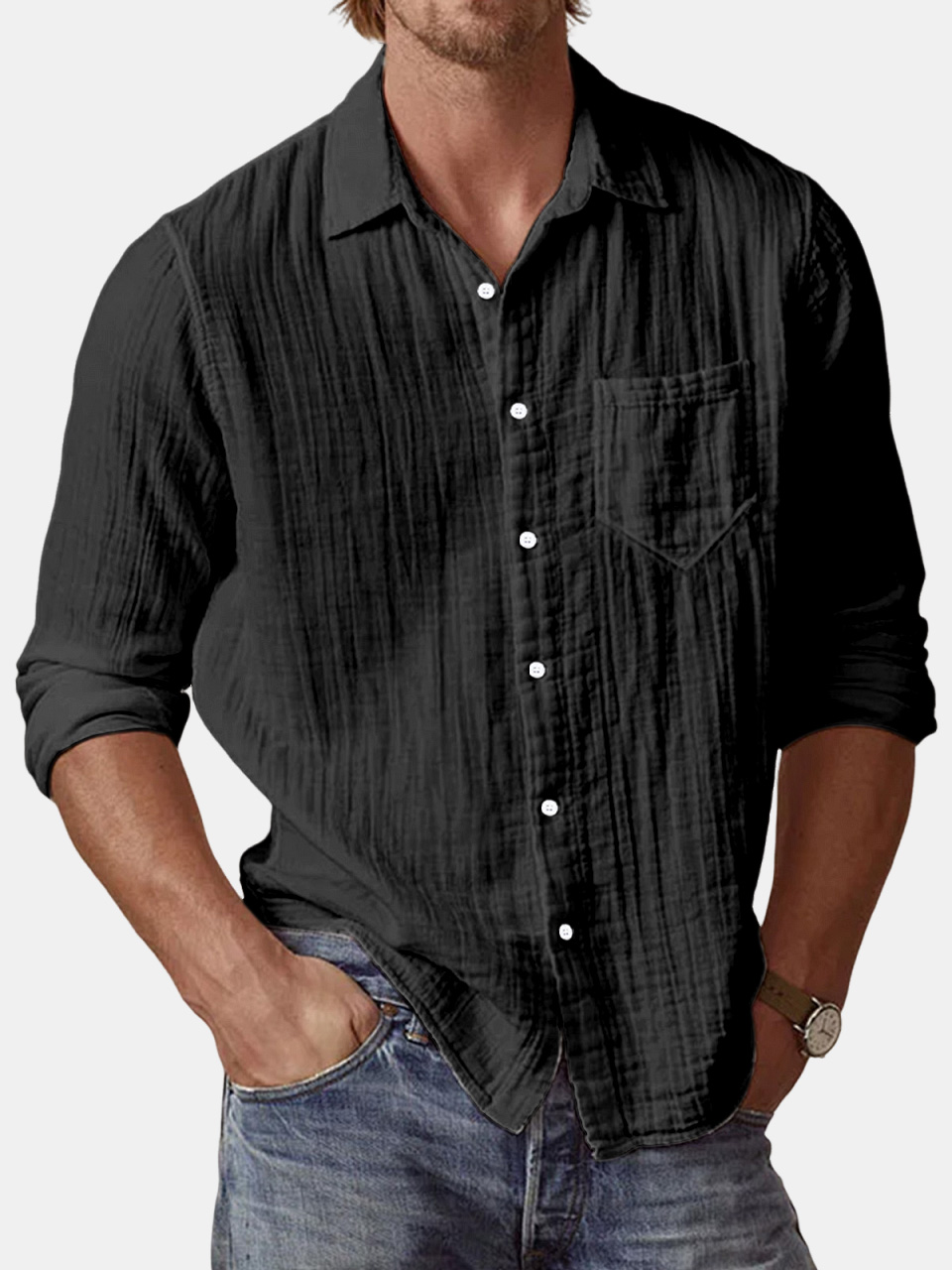 Men's Casual Textured Solid Color Comfortable Puff Wrinkle Long Sleeve Shirt-retrostrom