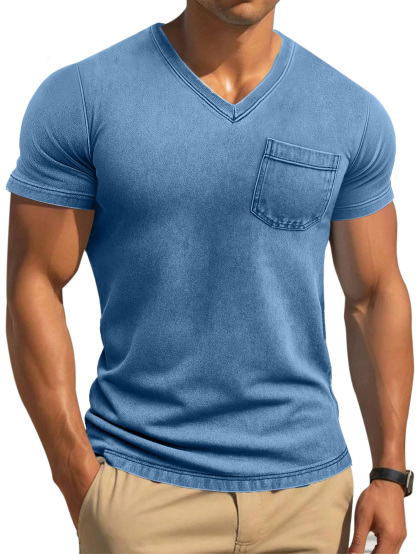Men's Retro Solid Color Tight And Comfortable V-neck Short-sleeved T-shirt-retrostrom