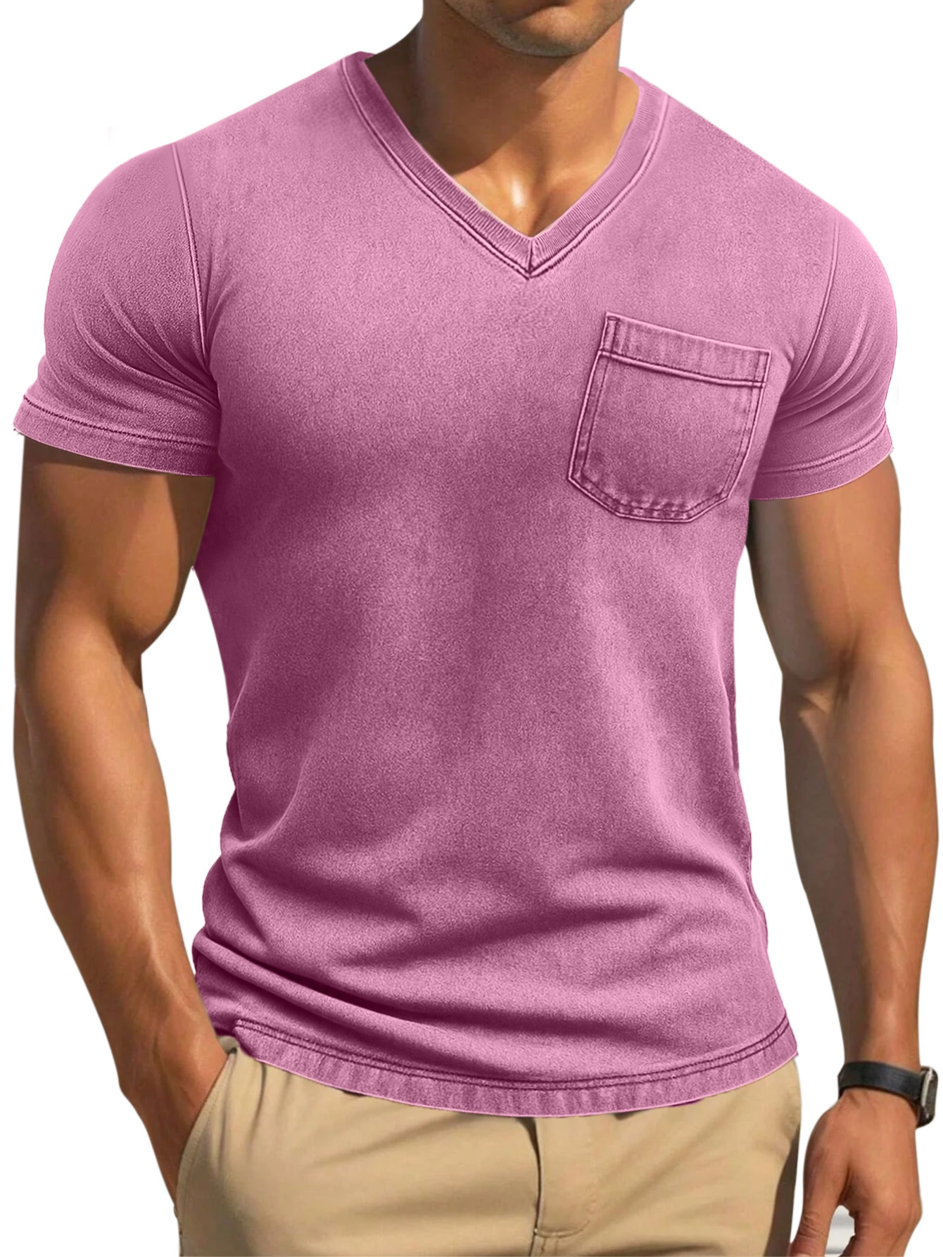 Men's Retro Solid Color Tight And Comfortable V-neck Short-sleeved T-shirt-retrostrom