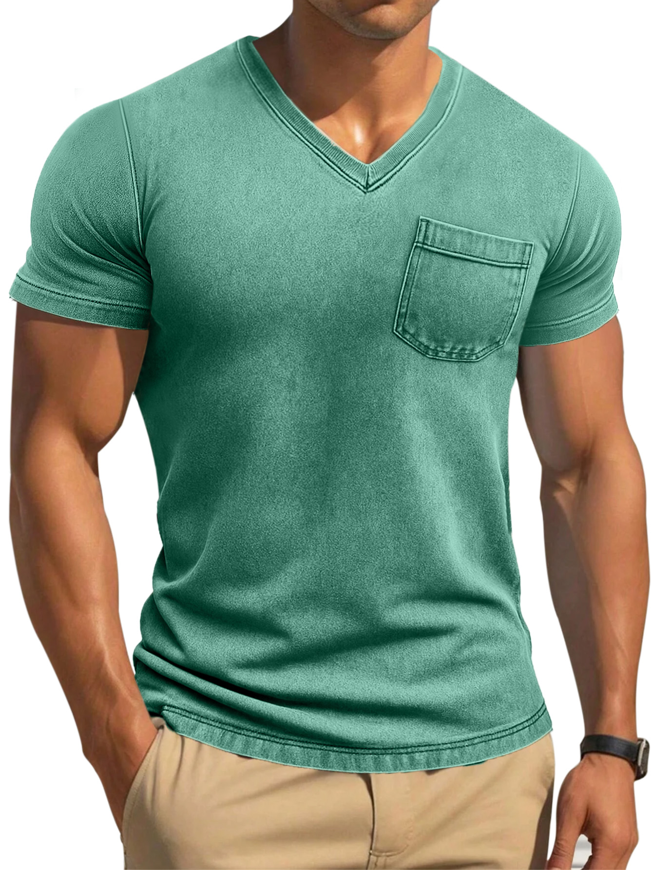 Men's Retro Solid Color Tight And Comfortable V-neck Short-sleeved T-shirt-retrostrom