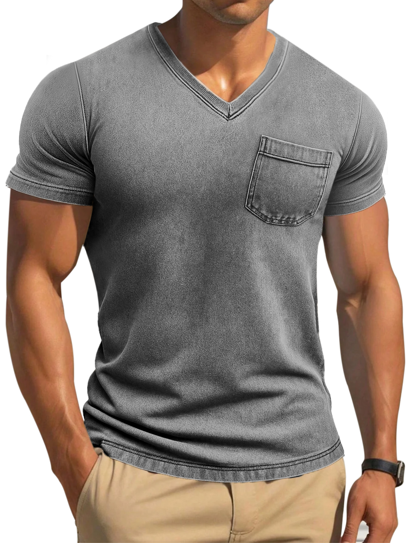 Men's Retro Solid Color Tight And Comfortable V-neck Short-sleeved T-shirt-retrostrom