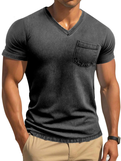 Men's Retro Solid Color Tight And Comfortable V-neck Short-sleeved T-shirt-retrostrom