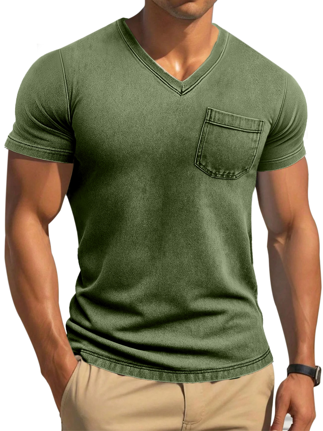 Men's Retro Solid Color Tight And Comfortable V-neck Short-sleeved T-shirt-retrostrom