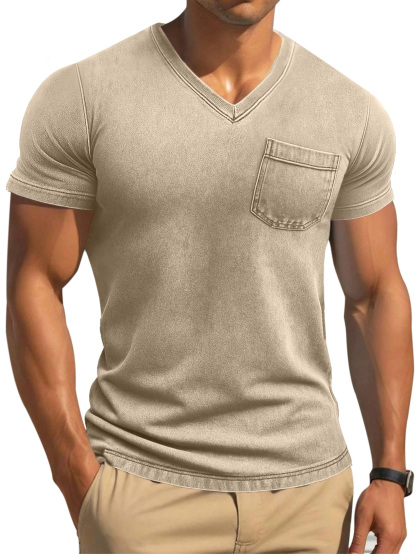 Men's Retro Solid Color Tight And Comfortable V-neck Short-sleeved T-shirt-retrostrom