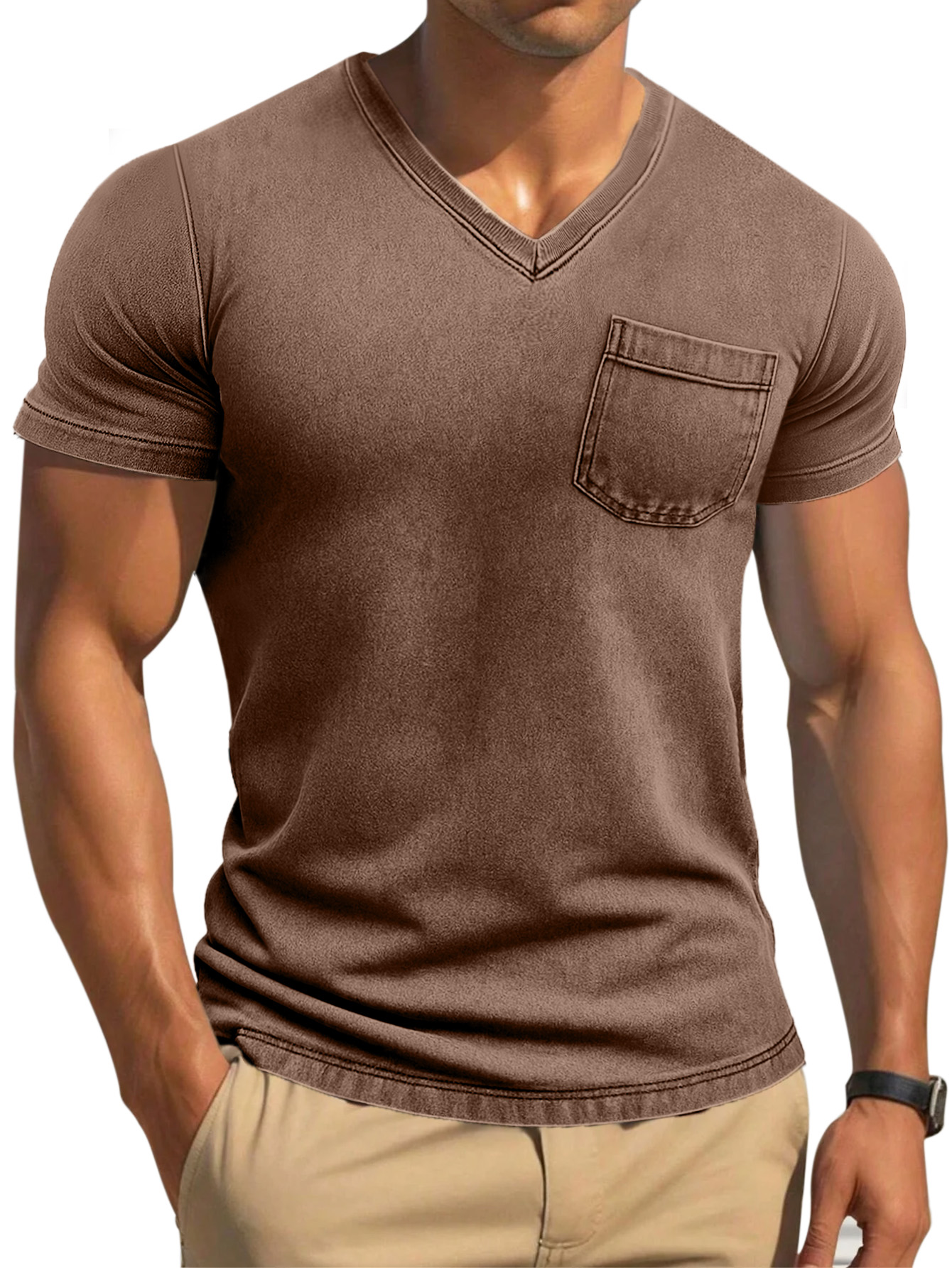 Men's Retro Solid Color Tight And Comfortable V-neck Short-sleeved T-shirt-retrostrom