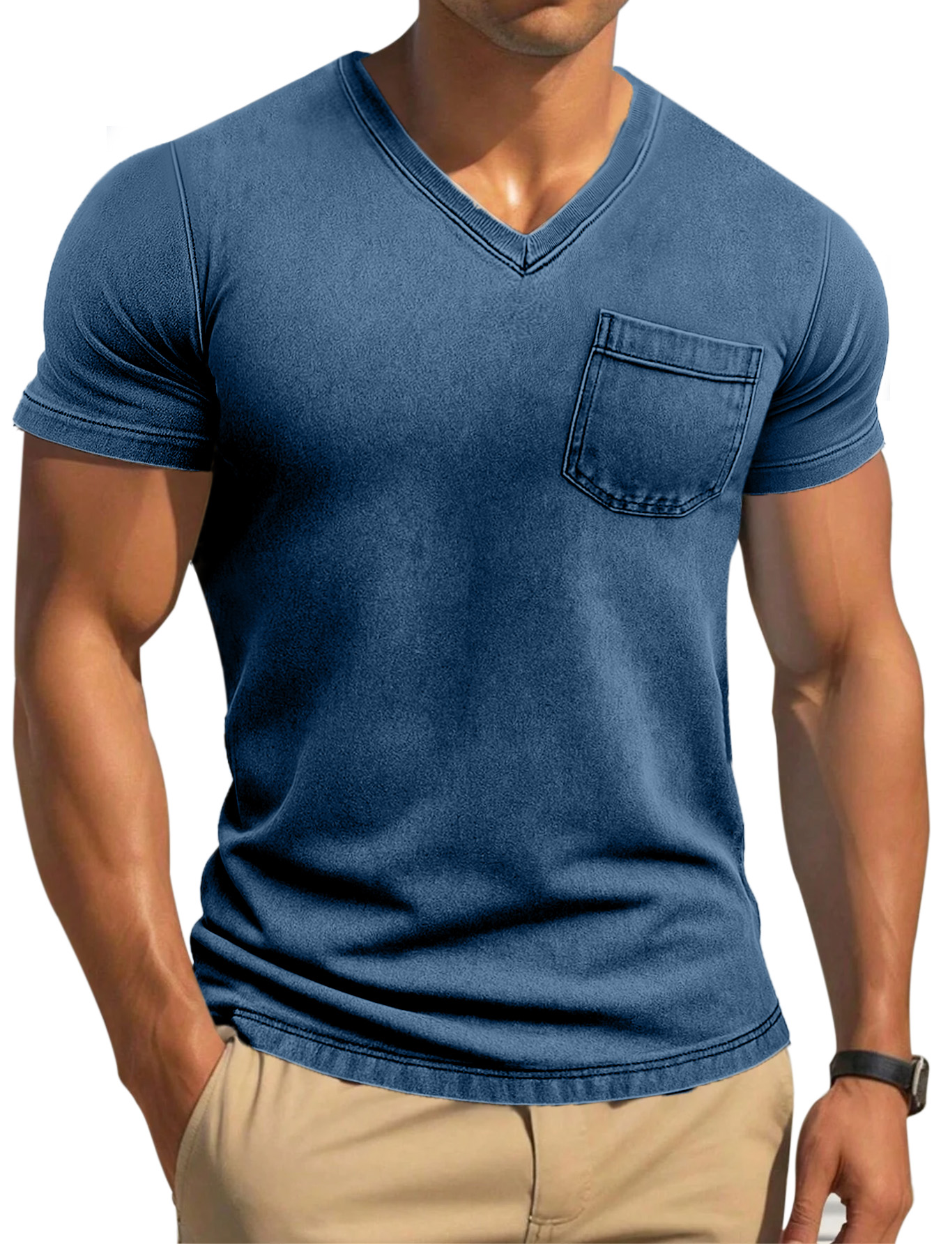 Men's Retro Solid Color Tight And Comfortable V-neck Short-sleeved T-shirt-retrostrom