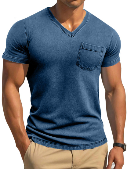 Men's Retro Solid Color Tight And Comfortable V-neck Short-sleeved T-shirt-retrostrom