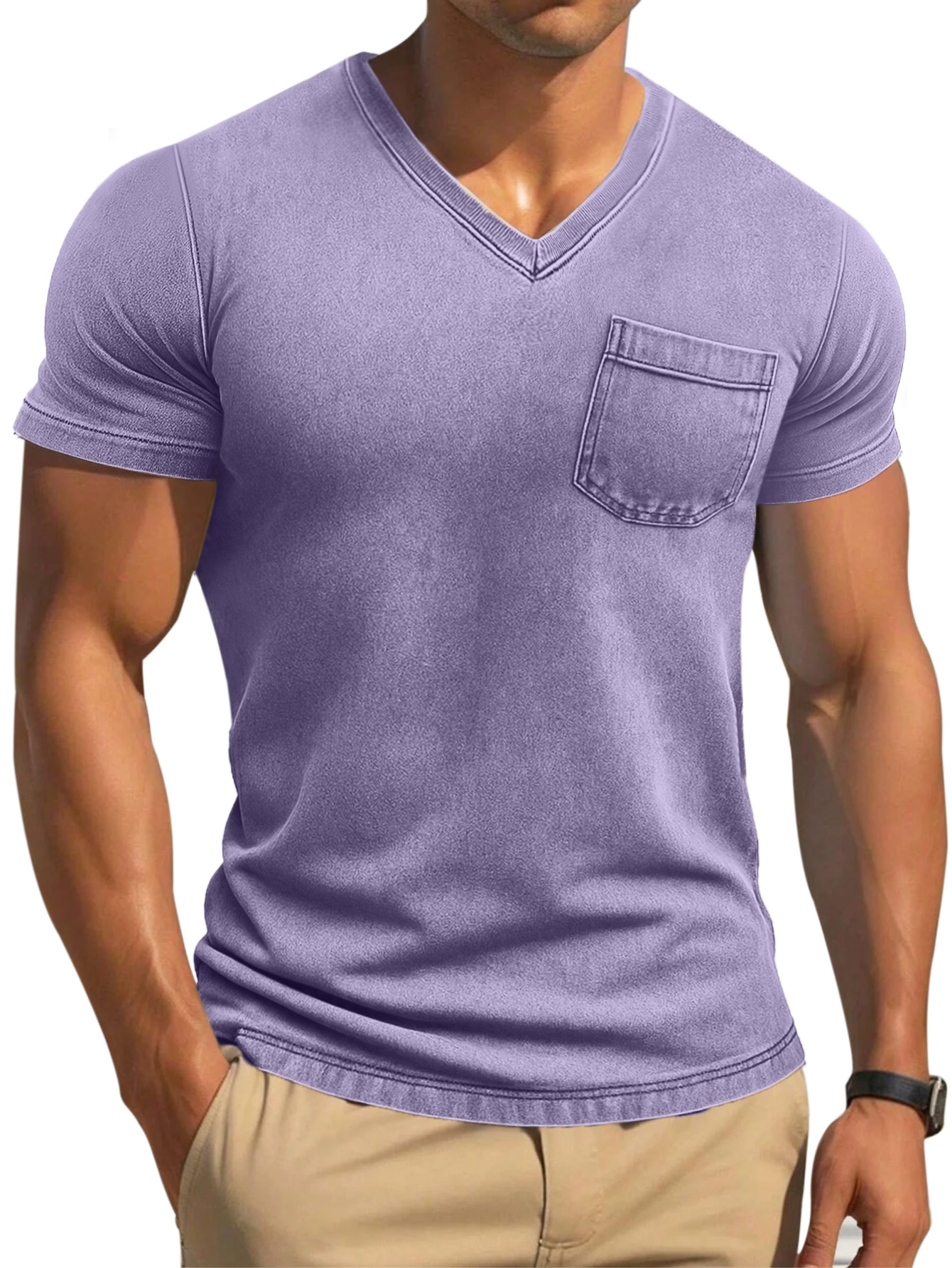 Men's Retro Solid Color Tight And Comfortable V-neck Short-sleeved T-shirt-retrostrom