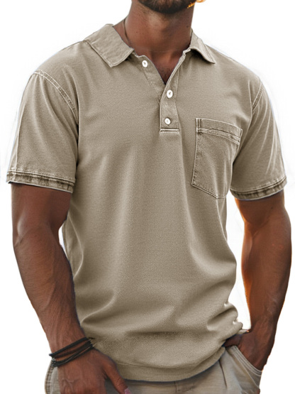 Men's Stylish Retro Pure Cotton Distressed Fabric Pocket Lapel Polo Shirt-retrostrom