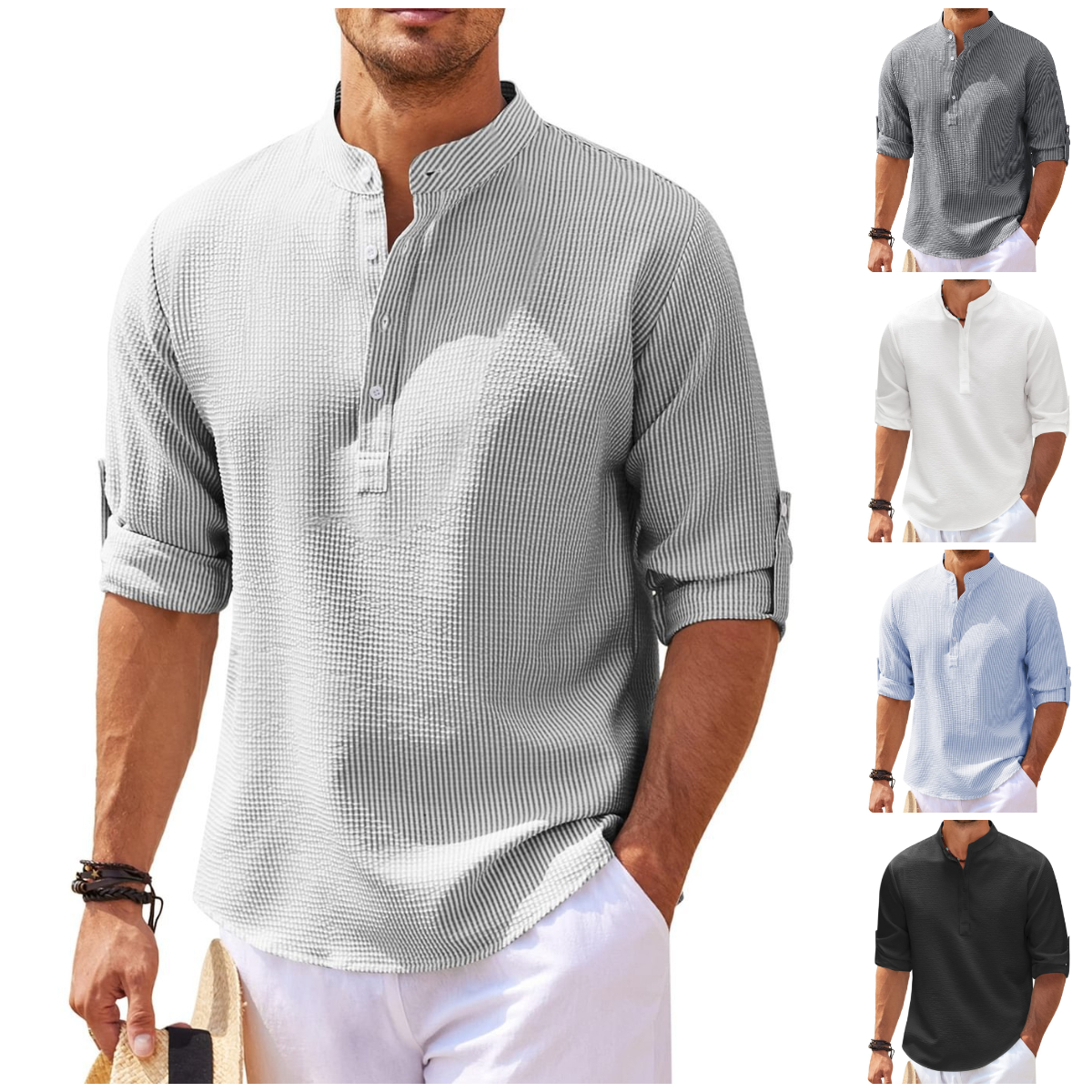 Men's Stand Collar Open Button Shirt Casual Shirt Tops-retrostrom