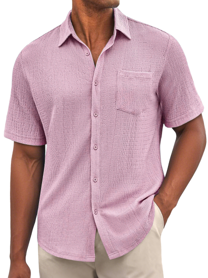 Men's Daily Bubble Wrinkle Casual Pocket Solid Color Short Sleeve Shirt-retrostrom