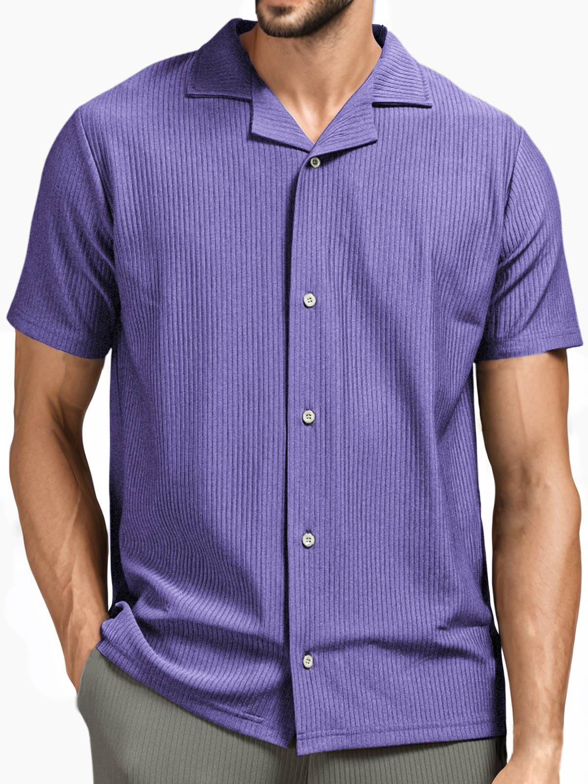 Men's Pit Stripe Pleated Cuban Collar Holiday Casual Button Short Sleeve Shirt-retrostrom