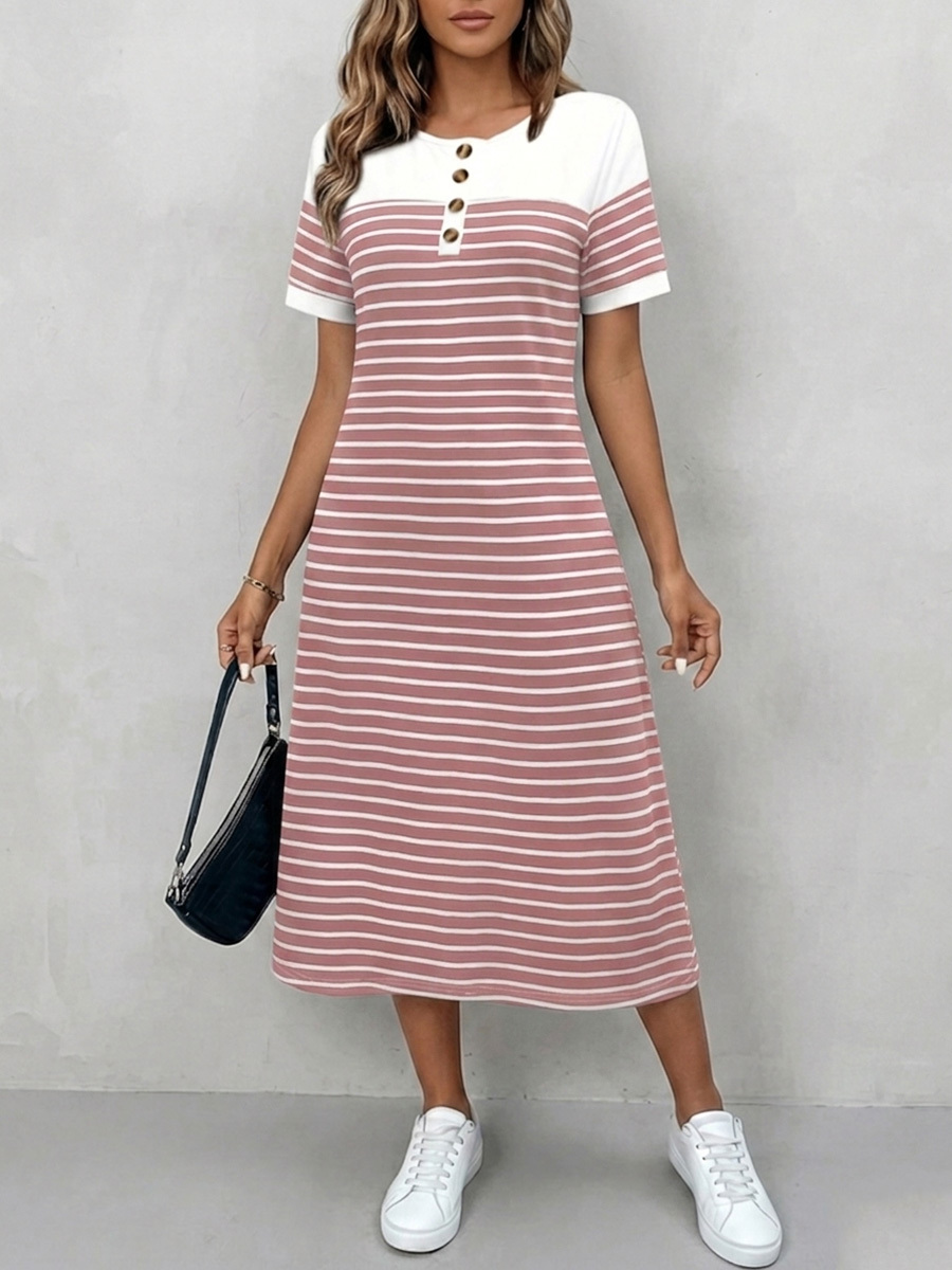 Cozy Round Neck Striped Cotton Shirt Dress-retrostrom