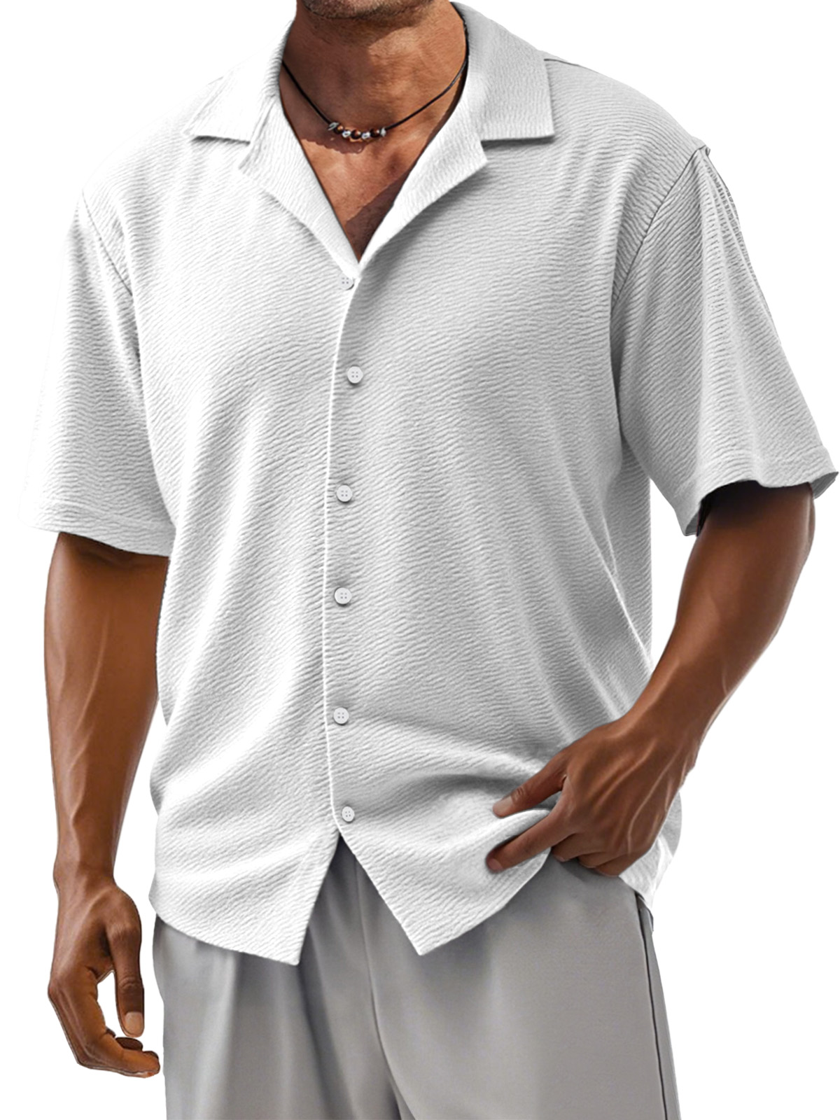 Men's Loose Solid Color Comfortable Texture Short-Sleeved Cuban Collar Shirt-retrostrom