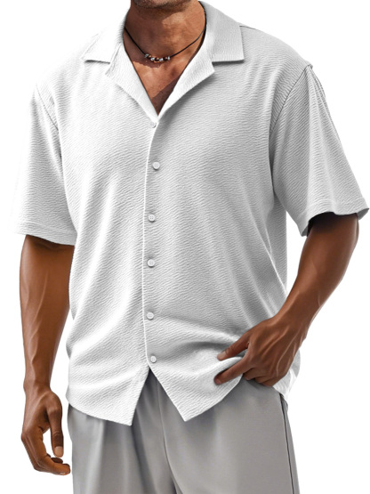 Men's Loose Solid Color Comfortable Texture Short-Sleeved Cuban Collar Shirt-retrostrom