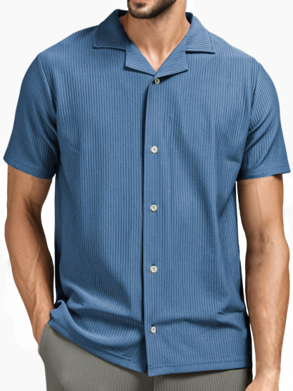 Men's Pit Stripe Pleated Cuban Collar Holiday Casual Button Short Sleeve Shirt-retrostrom